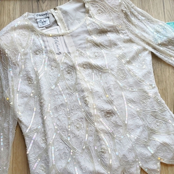 Stenay Vintage Ivory Beaded Sequin Pearl Blouse L NWT - Picture 1 of 6